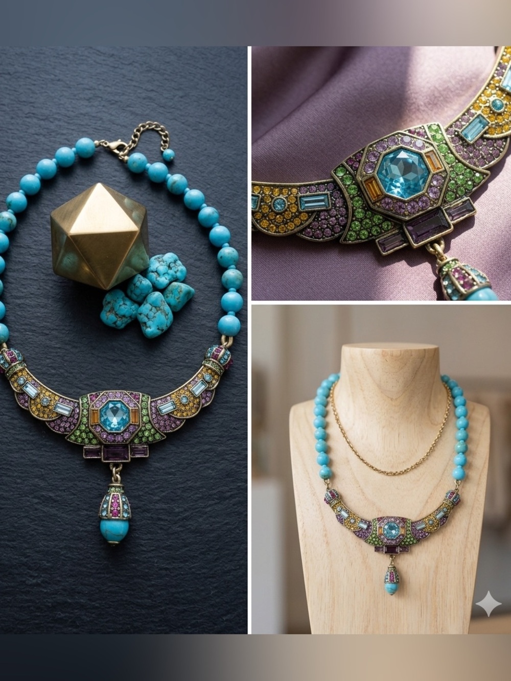 Turquoise Beaded Statement Necklace with Multicolor Crystal Pendant